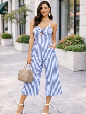 Blue White Striped Tie Front Wide Leg Jumpsuit Summer Chic